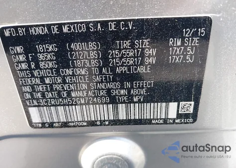 2016 Honda Hr-V Ex from USA, damaged, VIN 3CZRU5H52GM724699